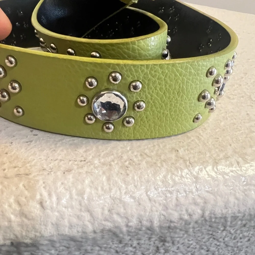 Lime Green Crystals Studded Blings Leather Belt Western‎ Boho Festive Medium